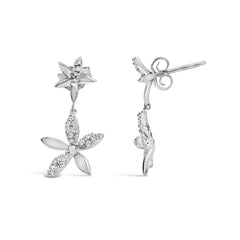 Sterling Silver 1/5 Cttw Diamond Double Star Dangle Earrings