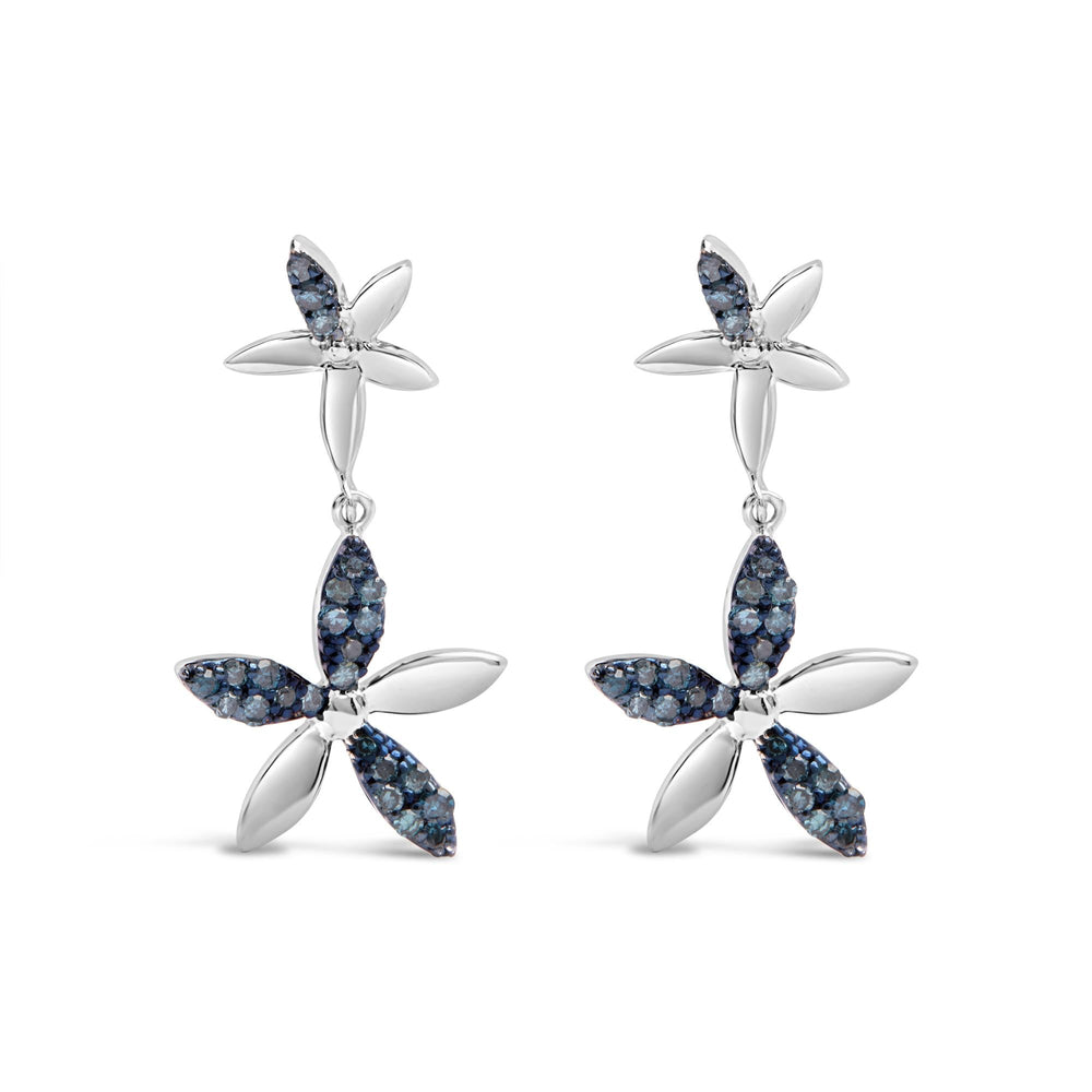 .925 Sterling Silver 1/5ct Cttw Blue Diamond Double Star Drop and Dangle Earrings (Blue Color, SI1-SI2 Clarity)