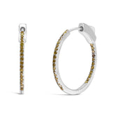 .925 Sterling Silver 1/3 Cttw Inside Out Yellow Treated Diamond 1MM Wide Hoop Earrings (Yellow Color, I2-I3 Clarity)