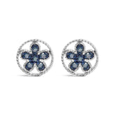 .925 Sterling Silver Blue Diamond Accent Star and Wheel Milgrain Style Stud Earrings (Blue Color, I2-I3 Clarity)