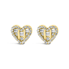 .925 Sterling Silver 1/2 Cttw Round and Baguette Diamond Composite Heart Shaped Stud Earring (I-J Color, SI2-I1 Clarity)