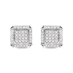 10K White Gold 1 1/10 Cttw Princess Diamond Composite and Halo Stud Earrings (I-J Color, I1-I2 Clarity)