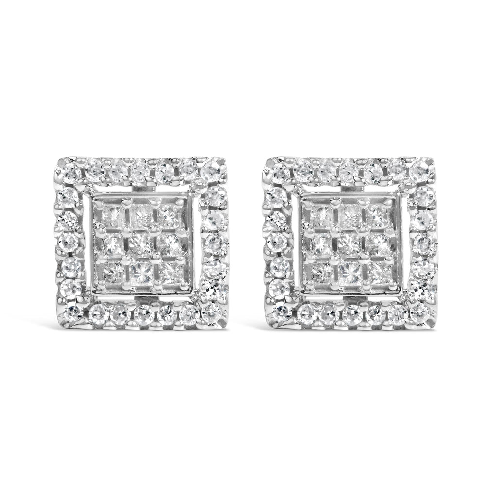 10K White Gold 3/4 Cttw Princess Diamond Composite and Halo Stud Earring (H-I Color, SI2-I1 Clarity)