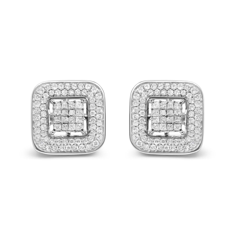 10K White Gold 1.0 Cttw Round and Princess Cut Diamond Composite Open Halo Stud Earrings (H-I Color, SI1-SI2 Clarity)