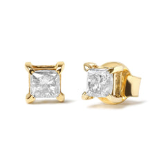 10K Yellow Gold 3/4 Cttw Princess-Cut Square Near Colorless Diamond Classic 4-Prong Solitaire Stud Earrings (J-K Color, I2-I3 Clarity)