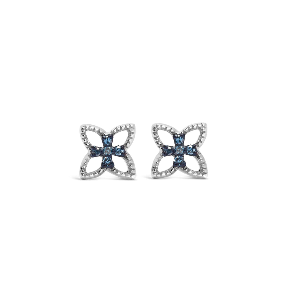 .925 Sterling Silver Blue Diamond Accent 4 Petal Flower Stud Earring (Blue Color, SI1-SI2 Clarity)