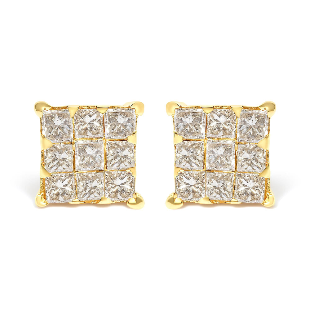 14K Yellow Gold 3/4 Cttw Invisible Set Princess-Cut Diamond 9 Stone Square Stud Earrings (J-K Color, SI2-I1 Clarity)
