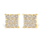 14K Yellow Gold 3/4 Cttw Invisible Set Princess-Cut Diamond 9 Stone Square Stud Earrings (J-K Color, SI2-I1 Clarity)
