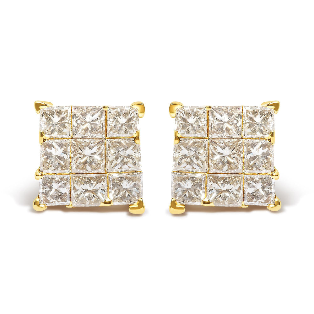 14K Yellow Gold 1.0 Cttw Invisible Set Princess-Cut Diamond 9 Stone Square Stud Earrings (J-K Color, SI2-I1 Clarity)