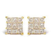 14K Yellow Gold 1.0 Cttw Invisible Set Princess-Cut Diamond 9 Stone Square Stud Earrings (J-K Color, SI2-I1 Clarity)