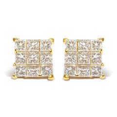 14K Yellow Gold 1.0 Cttw Invisible Set Princess-Cut Diamond 9 Stone Square Stud Earrings (J-K Color, SI2-I1 Clarity)