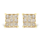 14K Yellow Gold 1 1/2 Cttw Invisible Set Princess-Cut Diamond 9 Stone Square Stud Earrings (J-K Color, SI2-I1 Clarity)