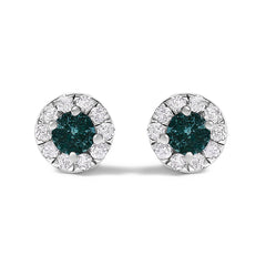 .925 Sterling Silver 1/3 Cttw White and Blue Diamond Halo Stud Earring