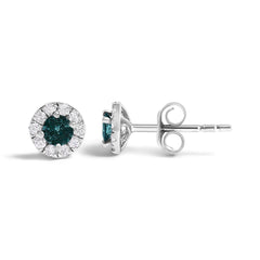 .925 Sterling Silver 1/3 Cttw White and Blue Diamond Halo Stud Earring