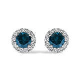 .925 Sterling Silver 1.00 Cttw Blue Diamond Halo Stud Earring