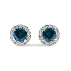 .925 Sterling Silver 1.00 Cttw Blue Diamond Halo Stud Earring