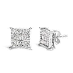 Sterling Silver 1.0 Cttw Princess Diamond Composite Square Stud Earrings