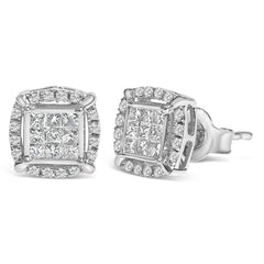 Sterling Silver 1/2 Cttw Princess Cut Diamond Composite and Halo Stud Earrings