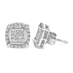 Sterling Silver 1/2 Cttw Princess Cut Diamond Composite and Halo Stud Earrings