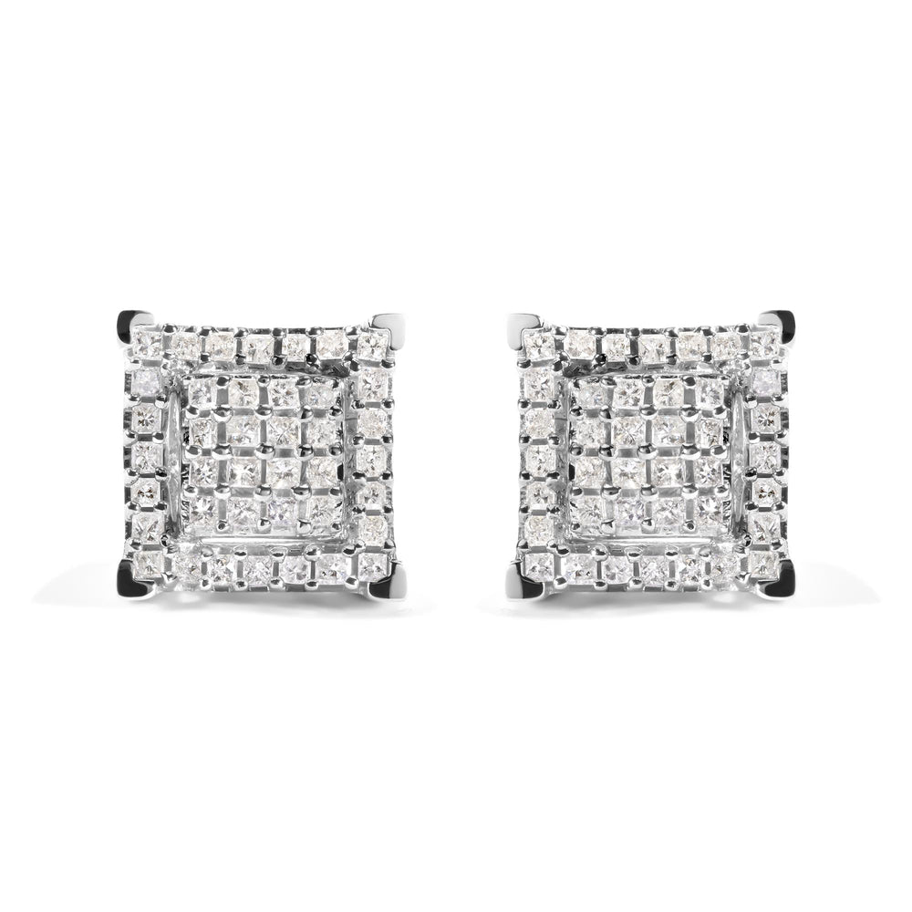 10K White Gold 1 1/4 Cttw Princess Diamond Composite Double Square and Halo Stud Earrings (I-J Color, I1-I2 Clarity)