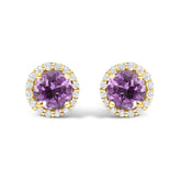 10K Gold Gemstone and 1/6 Cttw Diamond Halo Stud Earring