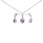 .925 Sterling Silver Heart Shape Purple Amethyst and White Sapphire Halo Earring Necklace Set