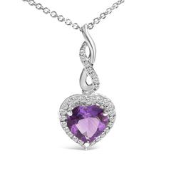 .925 Sterling Silver Heart Shape Purple Amethyst and White Sapphire Halo Earring Necklace Set