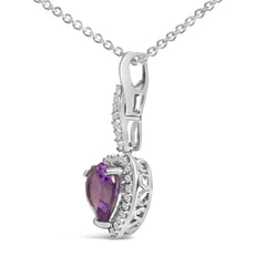 .925 Sterling Silver Heart Shape Purple Amethyst and White Sapphire Halo Earring Necklace Set