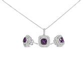 .925 Sterling Silver Created Purple Amethyst and White Sapphire Halo Pendant Earring Set