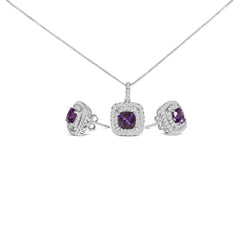 .925 Sterling Silver Created Purple Amethyst and White Sapphire Halo Pendant Earring Set