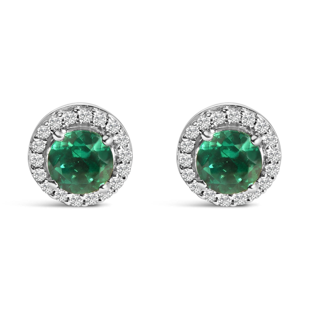 .925 Sterling Silver with Created Green Emerald and White Sapphire Halo Stud Earring