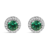 .925 Sterling Silver with Created Green Emerald and White Sapphire Halo Stud Earring