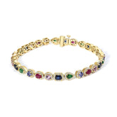14K Yellow Gold Multi-Gemstone and Diamond Halo Rainbow Tennis Bracelet