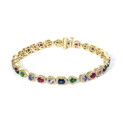 14K Yellow Gold Multi-Gemstone and Diamond Halo Rainbow Tennis Bracelet
