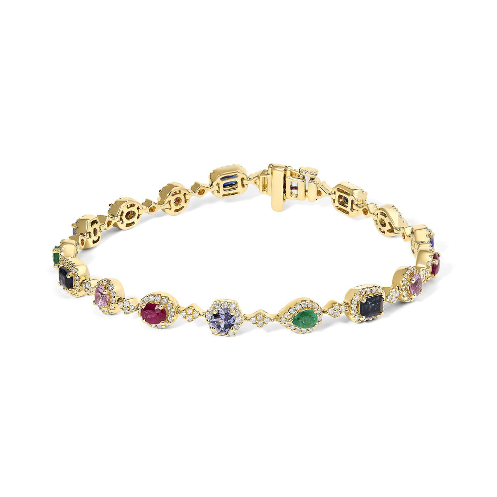 14K Yellow Gold Multi-Gemstone and Diamond Halo Rainbow Link Bracelet