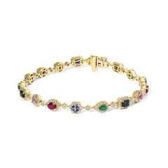 14K Yellow Gold Multi-Gemstone and Diamond Halo Rainbow Link Bracelet