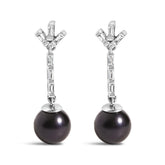 .925 Sterling silver 7MM Cultured Black Pearl and White sapphire Drop and Dangle Earring
