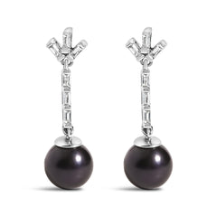 .925 Sterling silver 7MM Cultured Black Pearl and White sapphire Drop and Dangle Earring