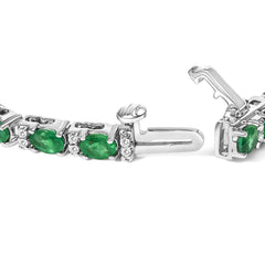 14K White Gold Alternating Oval Green Emerald and Diamond Tennis Bracelet