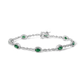 10K White Gold Oval Green Emerald & Diamond Alternating Link Bracelet