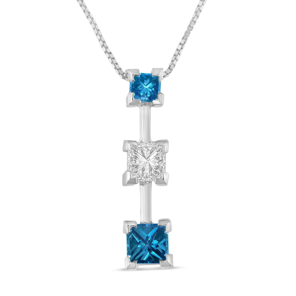 14K White Gold 7/8 cttw Treated Blue and White Princess Cut Diamond Pendant Necklace (H-I, SI2-I1)