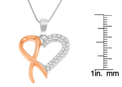 Two-Tone Sterling Silver Round Cut Diamond Ribbon Heart Pendant Necklace (0.25 cttw, H-I Color, I2-I3 Clarity)