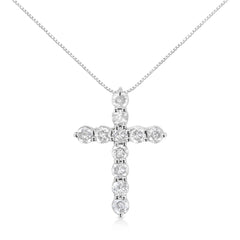 .925 Sterling Silver 1.0 Cttw Prong Set Round-Cut Diamond Cross 18" Pendant Necklace (I-J Color, I2-I3 Clarity)