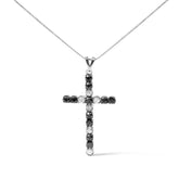 .925 Sterling Silver 2.0 Cttw Prong Set Round Natural Treated Black and White Diamond Cross Pendant Necklace - 18" (Black/H-I Color, I3 Clarity)