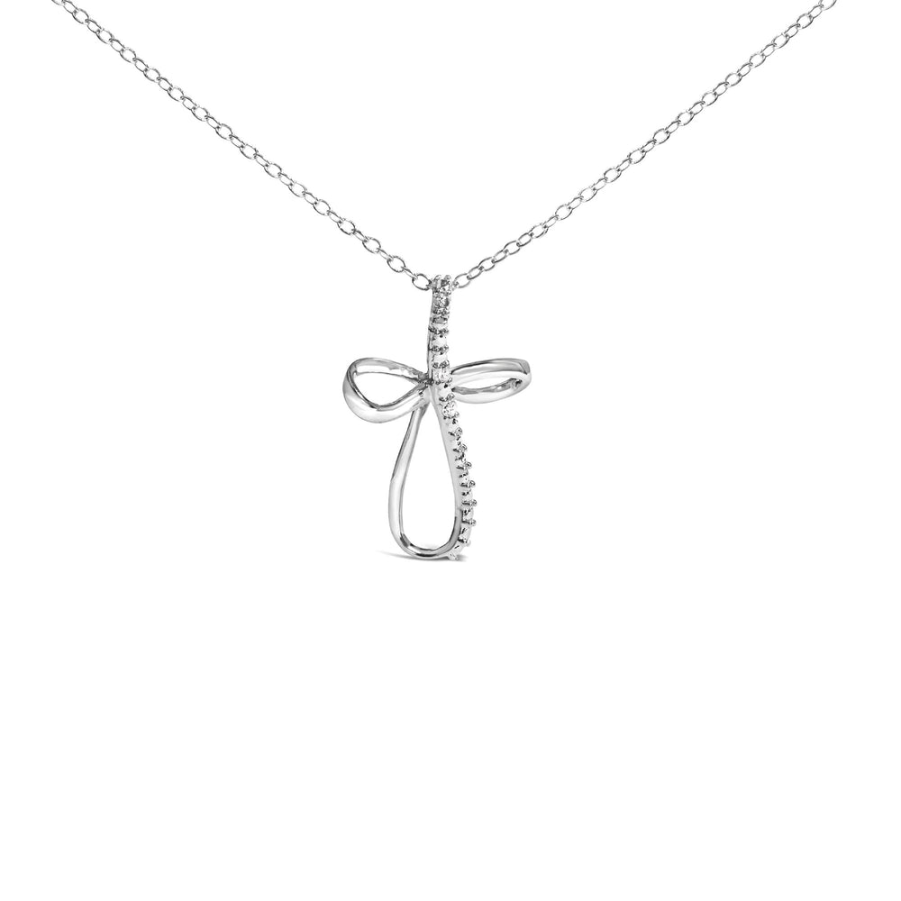 .925 Sterling Silver Diamond Accent Cross Ribbon 18" Pendant Necklace (I-J Color, I2-I3 Clarity)