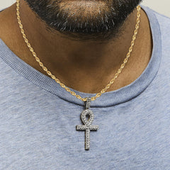 Men's 10K Yellow Gold 1.00 Cttw Diamond Ankh Cross Pendant Necklace