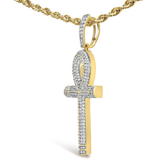 10K Yellow Gold 1 7/8 Cttw Round Diamond Ankh Cross Pendant Necklace for Men (H-I Color, SI1-SI2 Clarity)