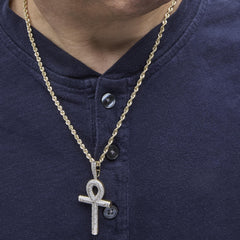 10K Yellow Gold 1 7/8 Cttw Round Diamond Ankh Cross Pendant Necklace for Men (H-I Color, SI1-SI2 Clarity)