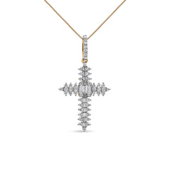 10K Yellow Gold 7/8 Cttw Round & Baguette Diamond Zigzag Pattern Cross Pendant Necklace (H-I Color, SI2-I1 Clarity) - NO CHAIN INCLUDED