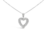 .925 Sterling Silver 1.00 Cttw Baguette and Round Diamond Open Heart Pendant Necklace